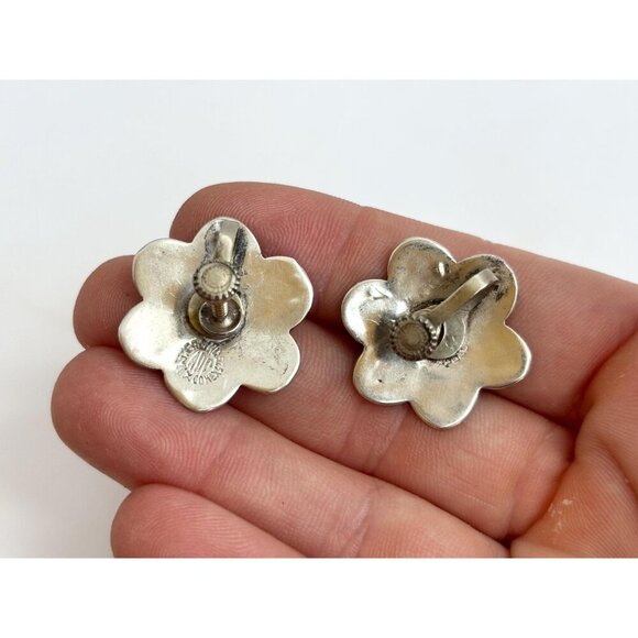 Star of David Abalone Floral Alpaca Mexican Sterling Silver Vintage Screw Studs - Picture 6 of 10
